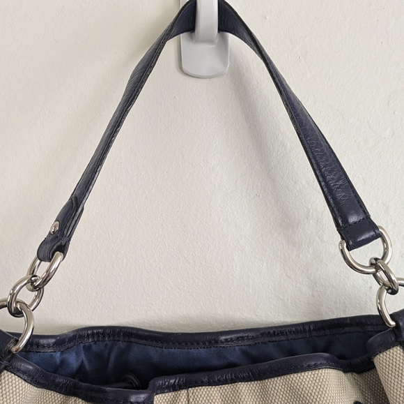 COACH BUCKET CREAM/NAVY LEATHER TRIM HOBO BAG. - Picture 6 of 16